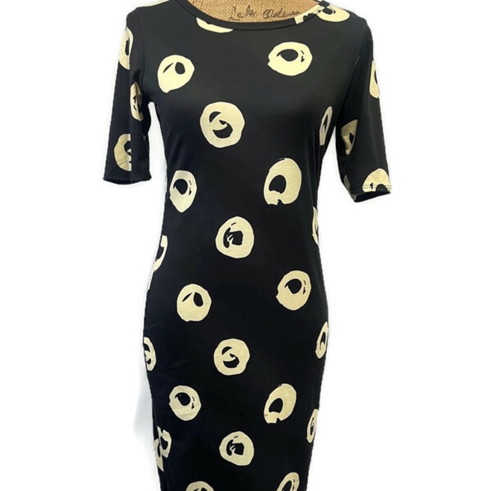 SMALL LuLaRoe JULIA black cream circles yellow abstract polkadot dot NWT UNICORN